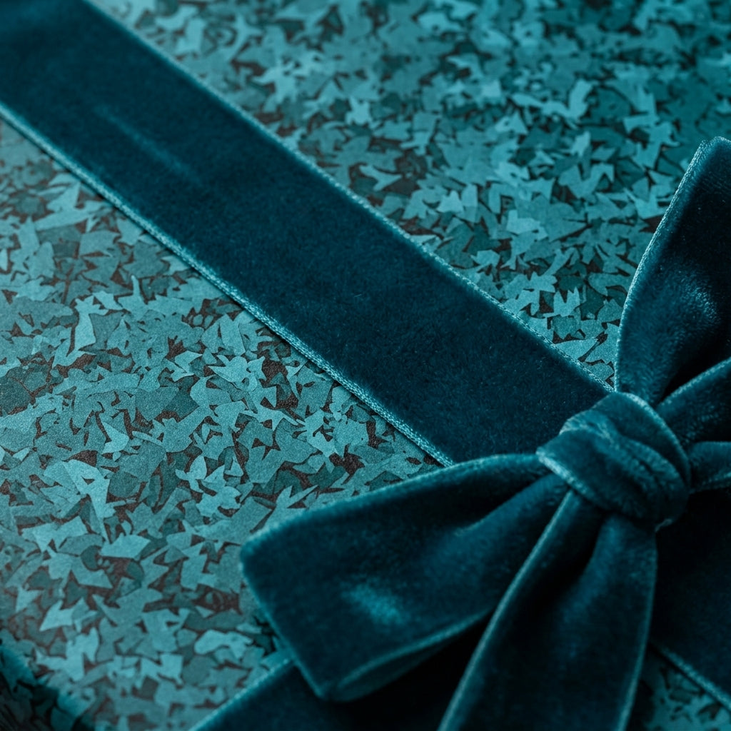 Teal luxury wrapping paper with a matching velvet ribbon and geometric pattern by Wrapped Studios.