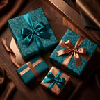 Teal wrapping paper with bronze satin bows on elegant luxury gift boxes by Wrapped Studios.