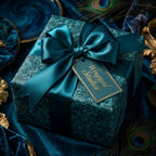 Luxury teal wrapping paper with a satin bow and Wrapped Studios gift tag on velvet.