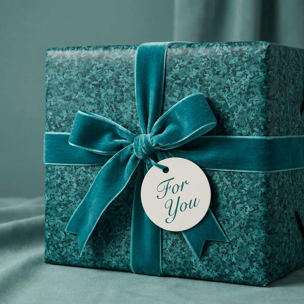 Luxury teal gift wrap with a velvet ribbon and "For You" tag by Wrapped Studios.