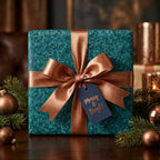 Elegant teal Christmas wrapping paper with a copper satin bow and holiday tag by Wrapped Studios.