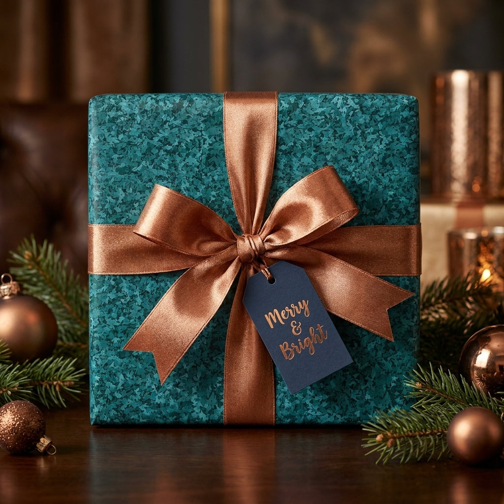 Elegant teal Christmas wrapping paper with a copper satin bow and holiday tag by Wrapped Studios.