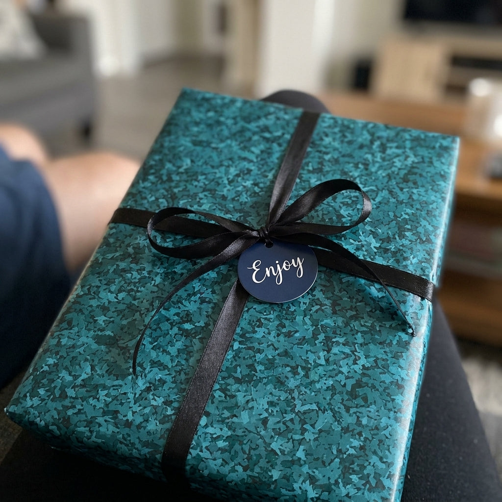 Modern teal textured wrapping paper with black ribbon and 'Enjoy' tag, luxury gift wrap by Wrapped Studios.