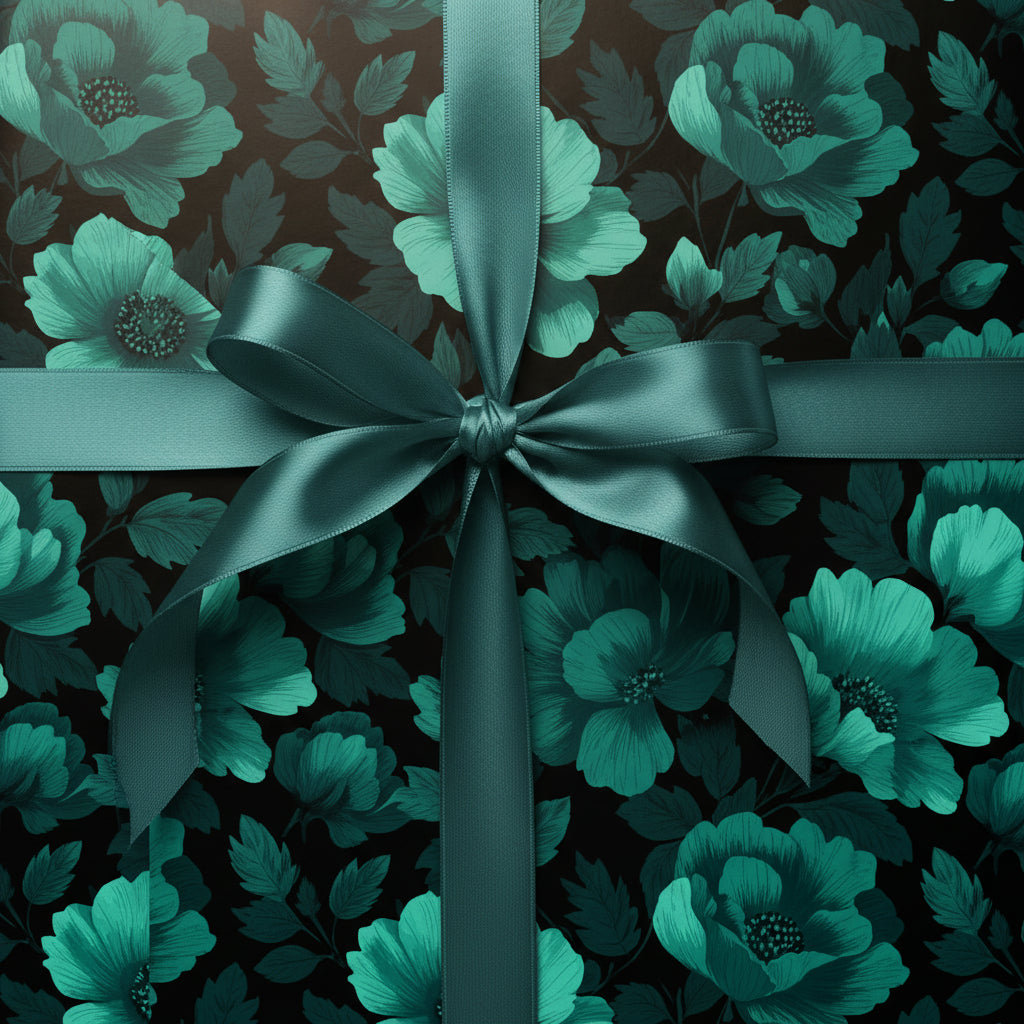 Wrapped gift with teal ribbon and vintage floral wrapping paper.