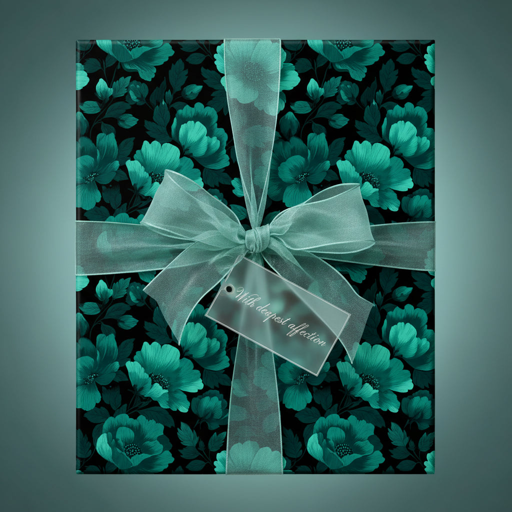 Elegant gift wrapped in teal floral wrapping paper with a sheer ribbon and a tag saying "With deepest affection."