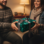 Couple exchanging a gift wrapped in teal floral wrapping paper with a silver ribbon.