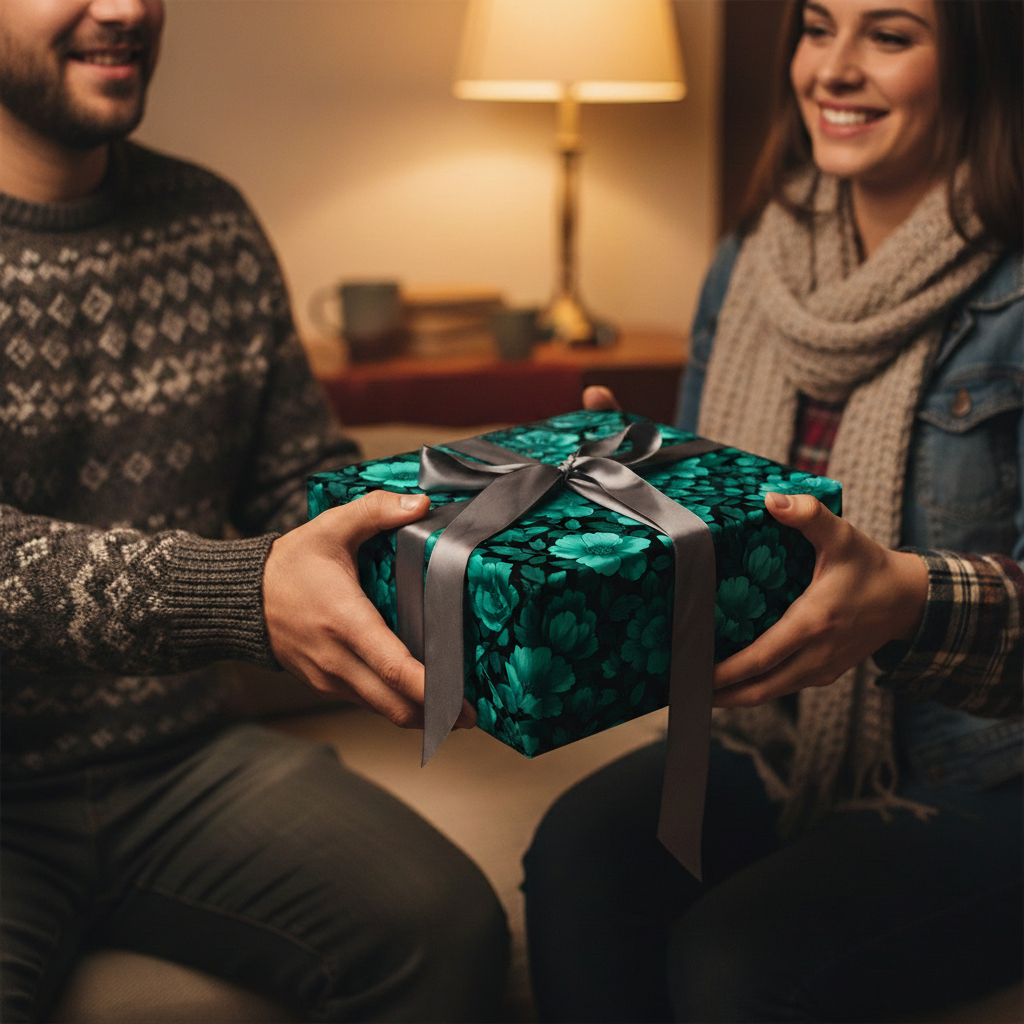 Couple exchanging a gift wrapped in teal floral wrapping paper with a silver ribbon.