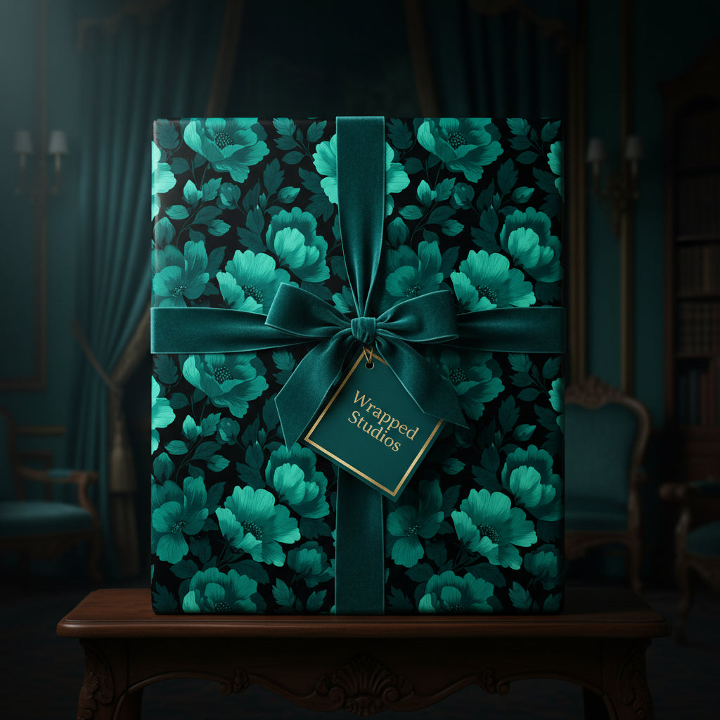 Elegant teal floral wrapping paper with velvet ribbon and gold tag, ideal for luxury gift wrap.