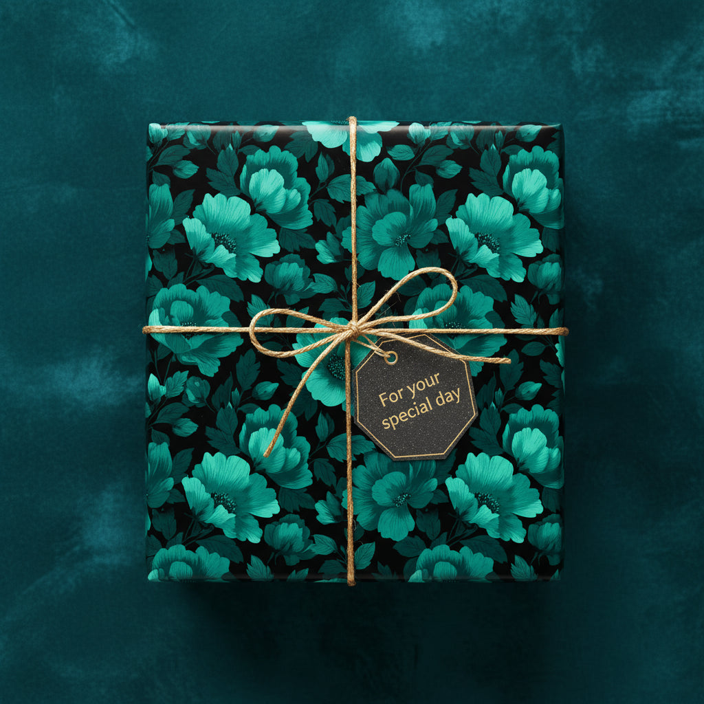 Square gift wrapped in teal floral wrapping paper with twine and "For your special day" tag.