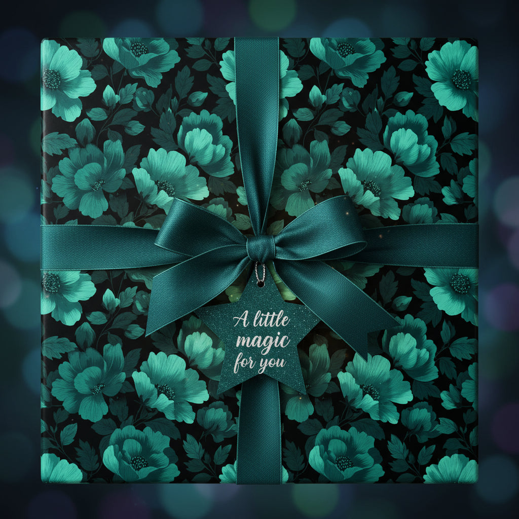 Elegant floral wrapping paper with emerald ribbon and star tag, ideal for birthday gifts or special occasions.
