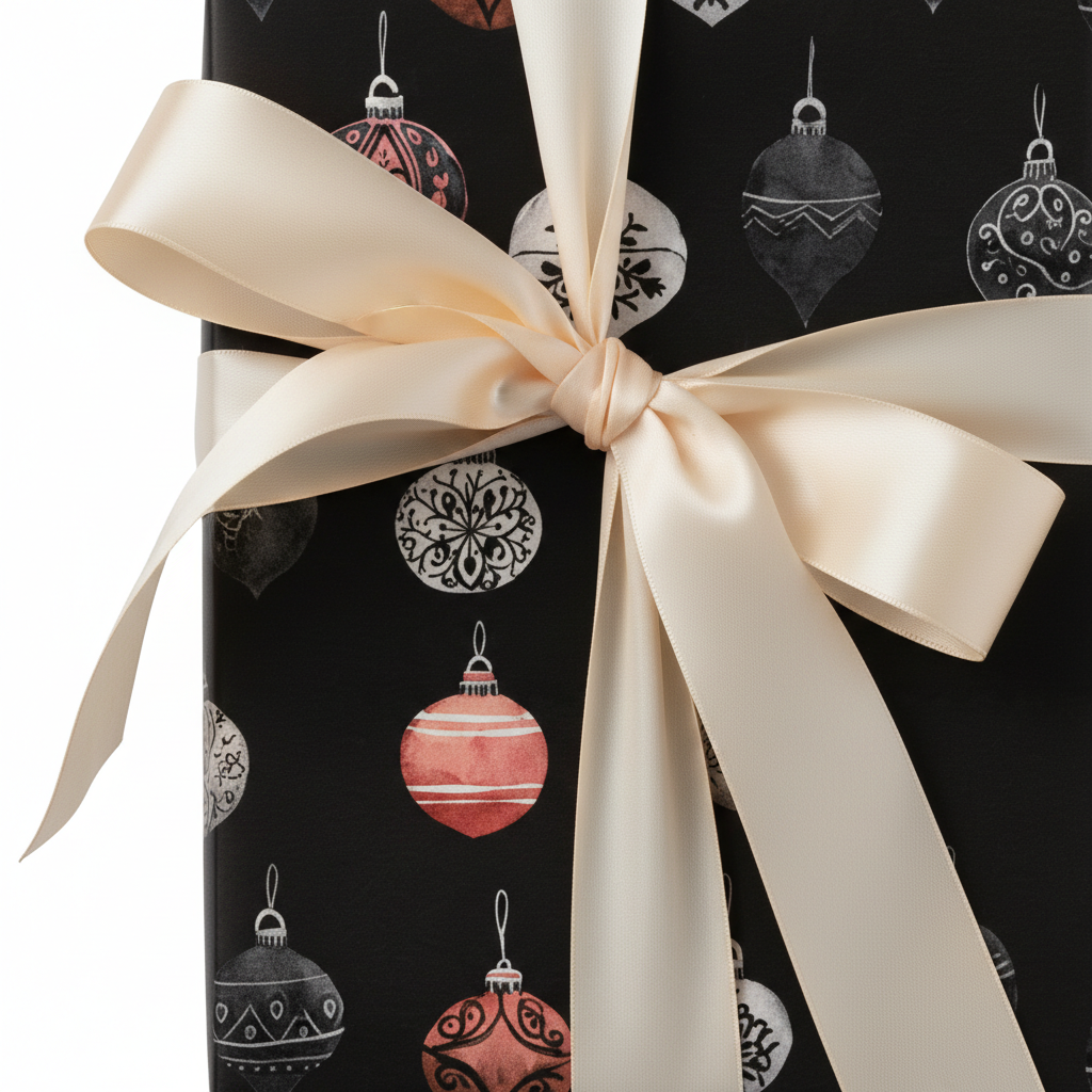 Elegant black Christmas wrapping paper with festive ornament pattern and a luxurious cream satin bow, perfect for holiday gifts.