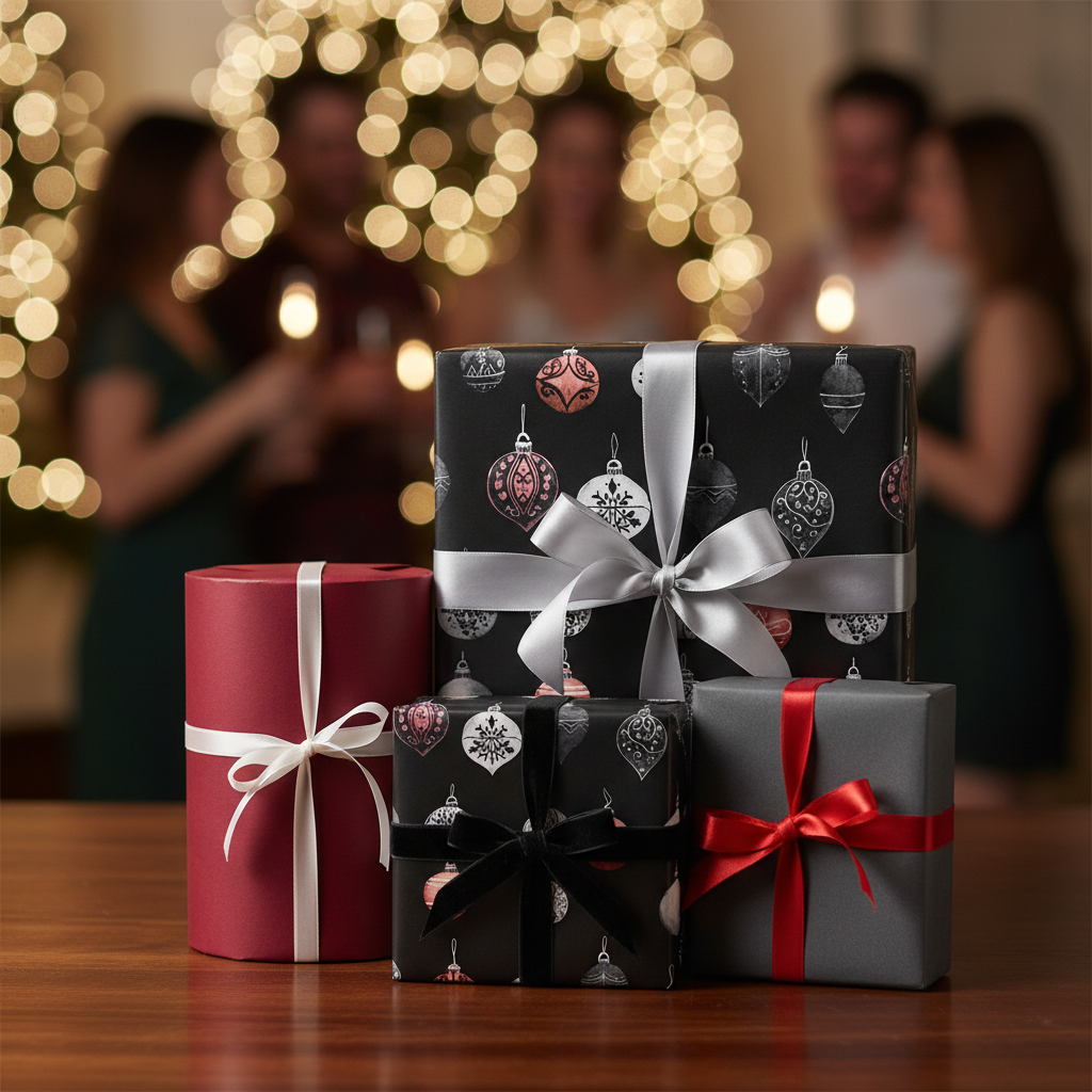 Elegant black Christmas wrapping paper with metallic ornament pattern and silver ribbon, alongside red and grey holiday gift boxes.