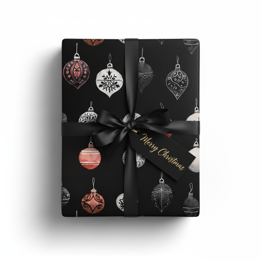 Elegant Christmas gift box with black ornament wrapping paper, black satin ribbon, and a "Merry Christmas" tag.