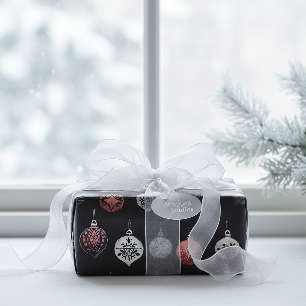 Elegant black Christmas wrapping paper with metallic ornament pattern and sheer white ribbon, perfect for holiday gifts.