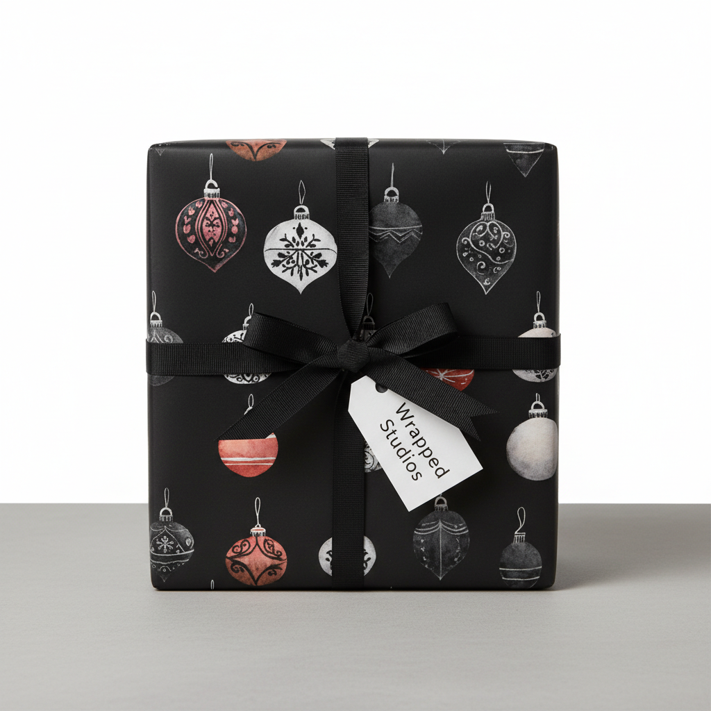 Luxury black Christmas wrapping paper with elegant ornament pattern and black ribbon, perfect for holiday gifts.