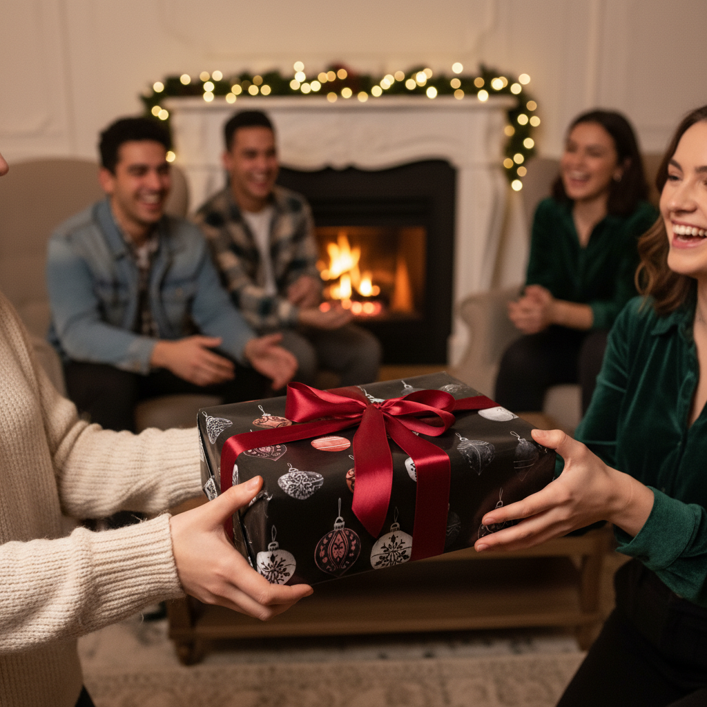 Friends exchange a Christmas gift in festive black ornament wrapping paper with a red satin bow by a cozy fireplace.