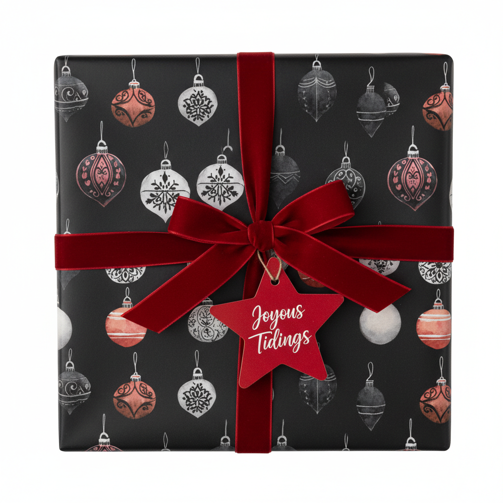 Elegant black Christmas wrapping paper with watercolor ornaments, tied with a red velvet bow and "Joyous Tidings" gift tag.
