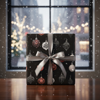 Modern Christmas ornament wrapping paper with black, white, and red baubles, tied with a silver ribbon, on a wooden table with snowy window lights.
