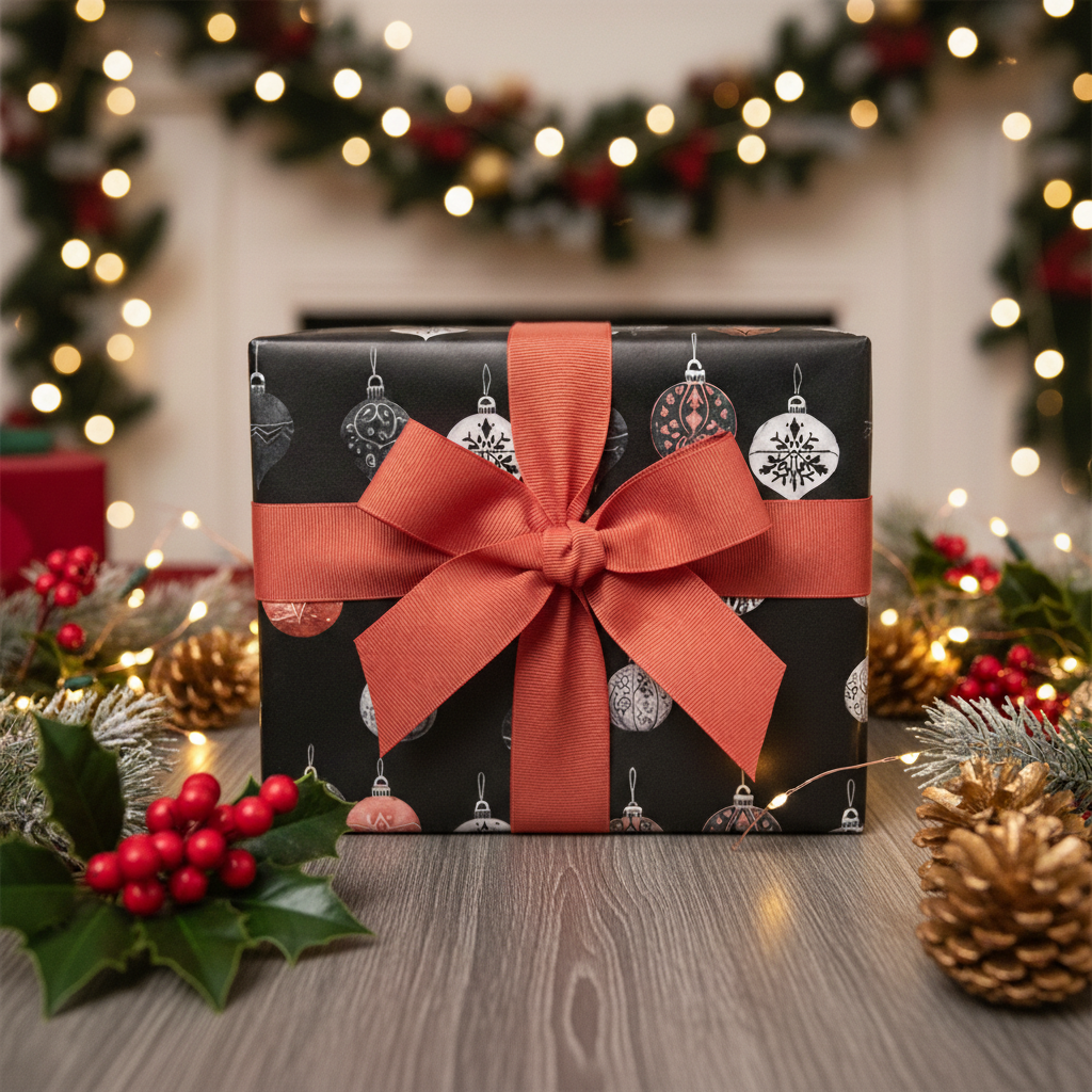 Elegant black Christmas wrapping paper with white and silver ornament patterns, tied with a rustic red bow, surrounded by festive holiday decor.