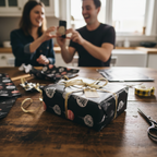 Festive black Christmas wrapping paper with white and red ornaments, tied with a gold ribbon, on a rustic wooden table.