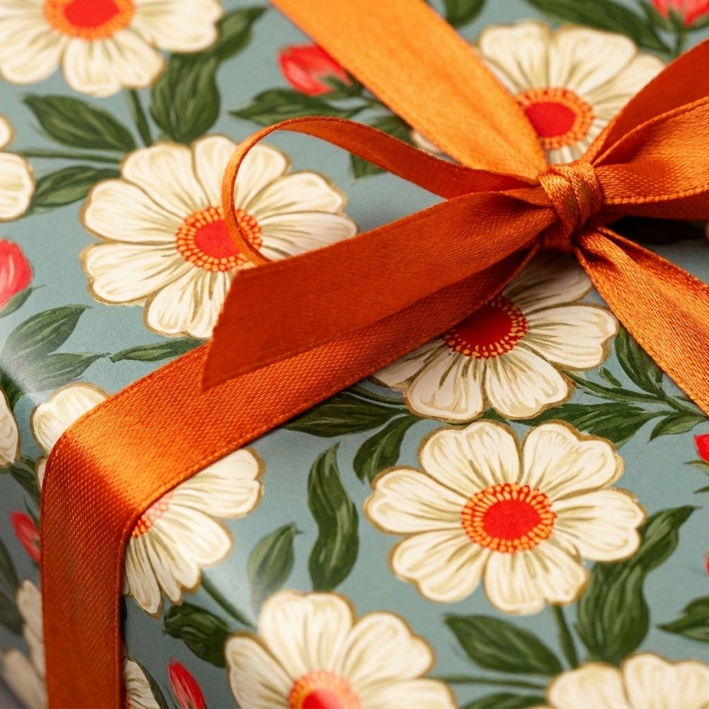 Vintage daisy floral wrapping paper with an orange satin ribbon bow, by Wrapped Studios.