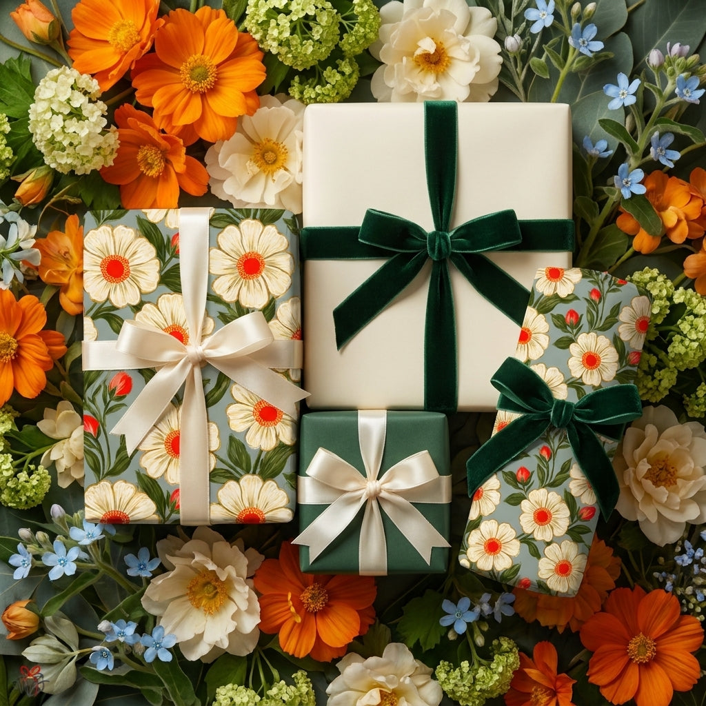Luxury botanical wrapping paper and vintage floral gift wrap with velvet bows by Wrapped Studios.
