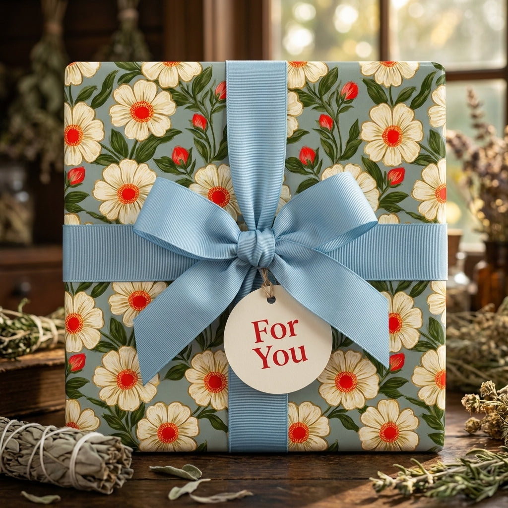 Sage green floral wrapping paper with a light blue bow and "For You" tag by Wrapped Studios.