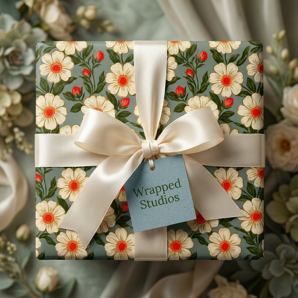 Sage green vintage daisy floral wrapping paper with cream satin ribbon by Wrapped Studios.