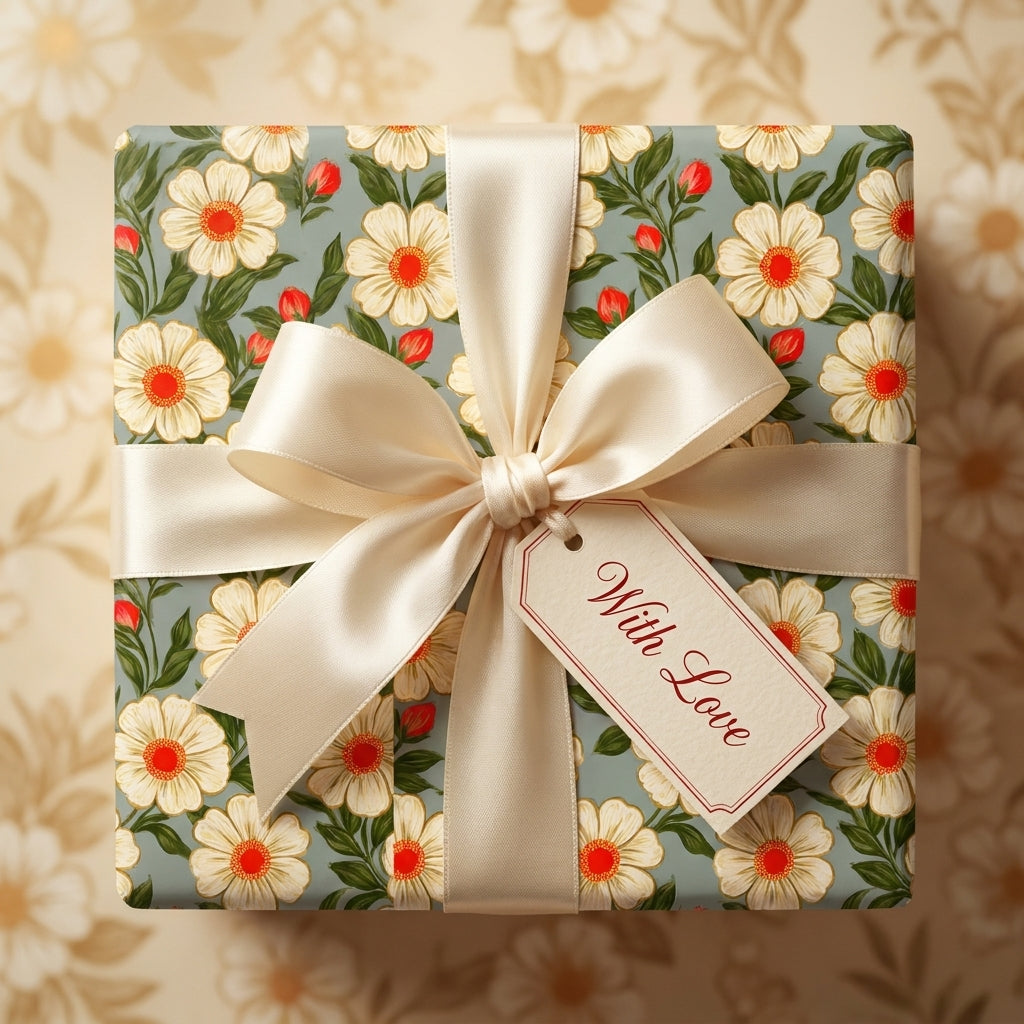 Elegant green floral wrapping paper with cream daisies, champagne bow, and tag by Wrapped Studios.