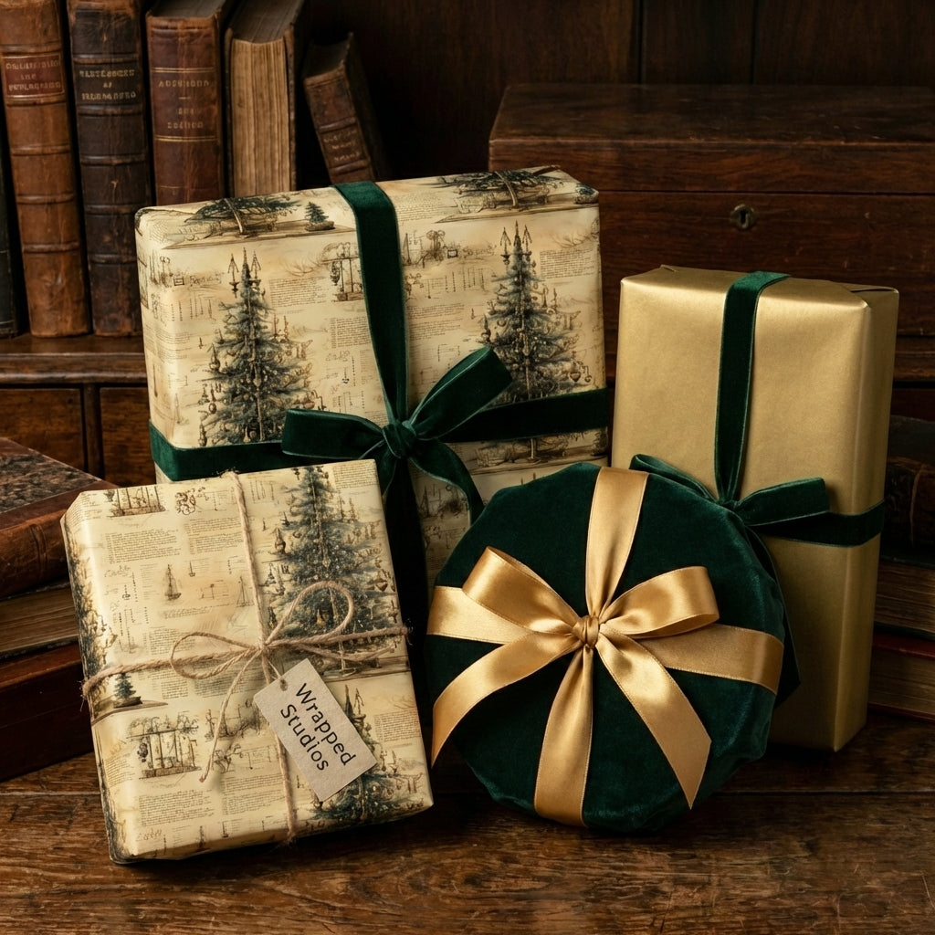 Wrapped Christmas gifts featuring tree patterned wrapping paper and luxurious velvet ribbon.