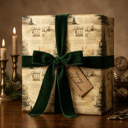Vintage Christmas wrapping paper with dark green velvet ribbon and "Merry Christmas" tag.
