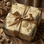 Elegant Christmas gift wrap from Wrapped Studios, featuring vintage tree illustrations and a gold ribbon.