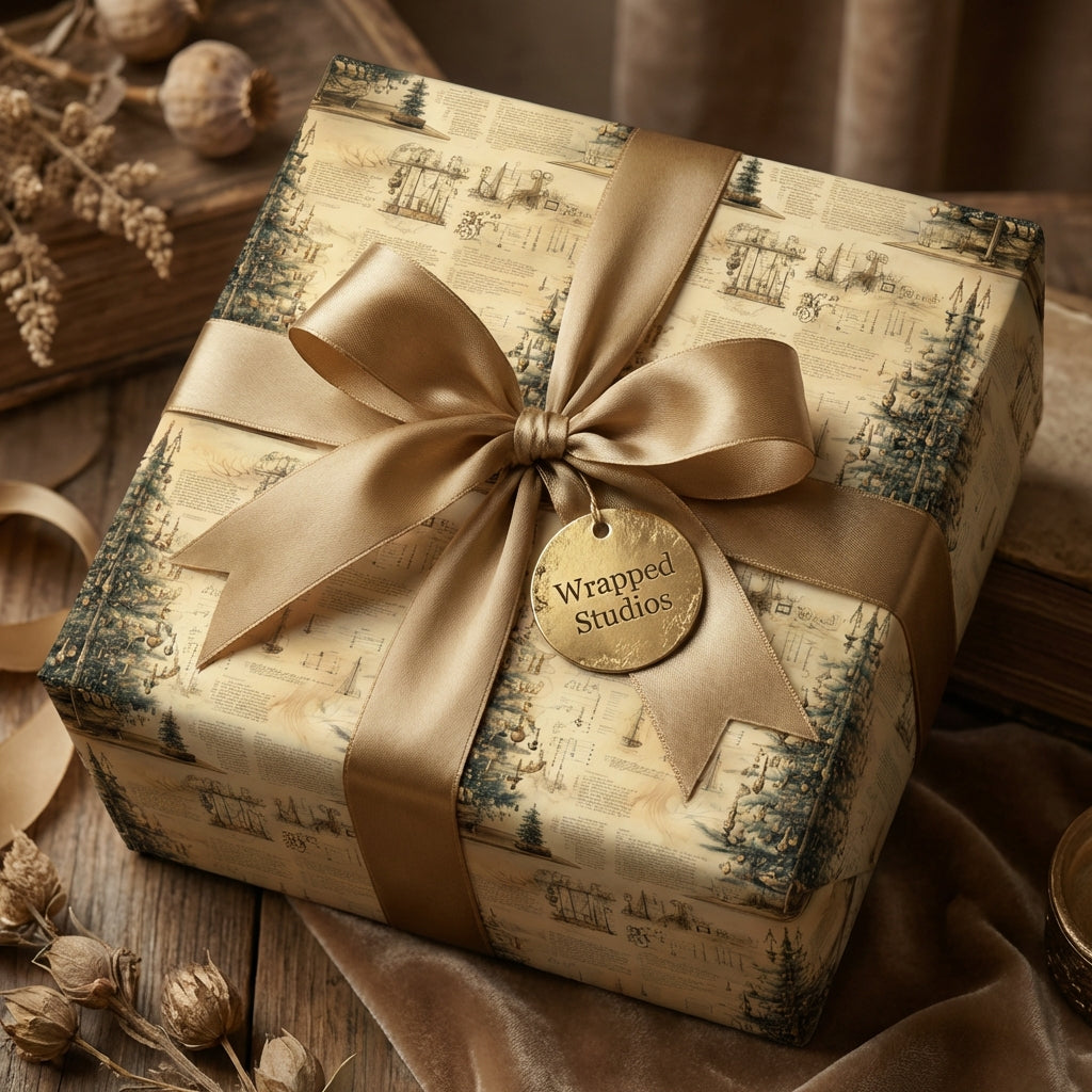 Elegant Christmas gift wrap from Wrapped Studios, featuring vintage tree illustrations and a gold ribbon.
