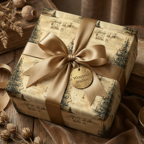 Elegant Christmas gift wrap from Wrapped Studios, featuring vintage tree illustrations and a gold ribbon.