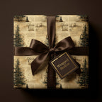 Wrapped gift with brown satin ribbon and vintage Christmas tree wrapping paper.