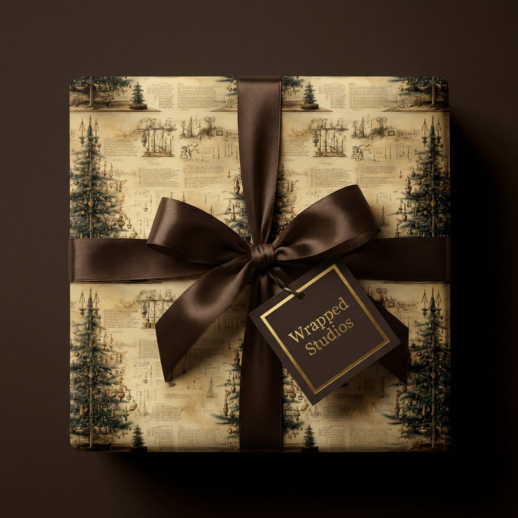 Wrapped gift with brown satin ribbon and vintage Christmas tree wrapping paper.
