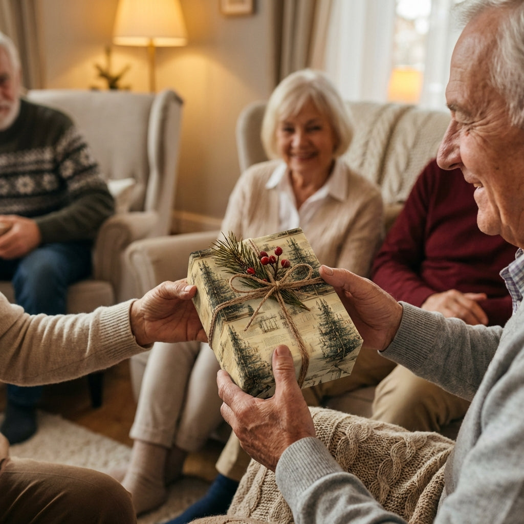 Christmas gift exchange with tree pattern wrapping paper, sprig of berries, and twine bow.