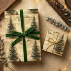 Elegant Christmas wrapping paper with vintage tree print and green velvet ribbon.