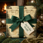 Elegant Christmas gift wrapped in vintage-style paper with green ribbon, tag reads "Joy to the World."