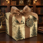 Wrapped Studios: Christmas gift wrapped in vintage tree-print paper with bronze ribbon and gear-shaped tag.
