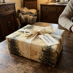 Wrapped Studios Christmas gift wrap. Vintage-style paper with antique Christmas tree print and cream ribbon.