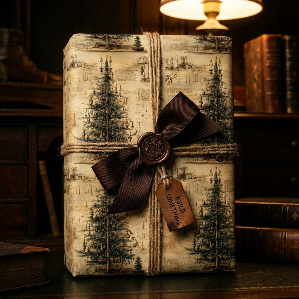 Elegant gift wrapped in vintage Christmas tree wrapping paper with a brown ribbon and twine.