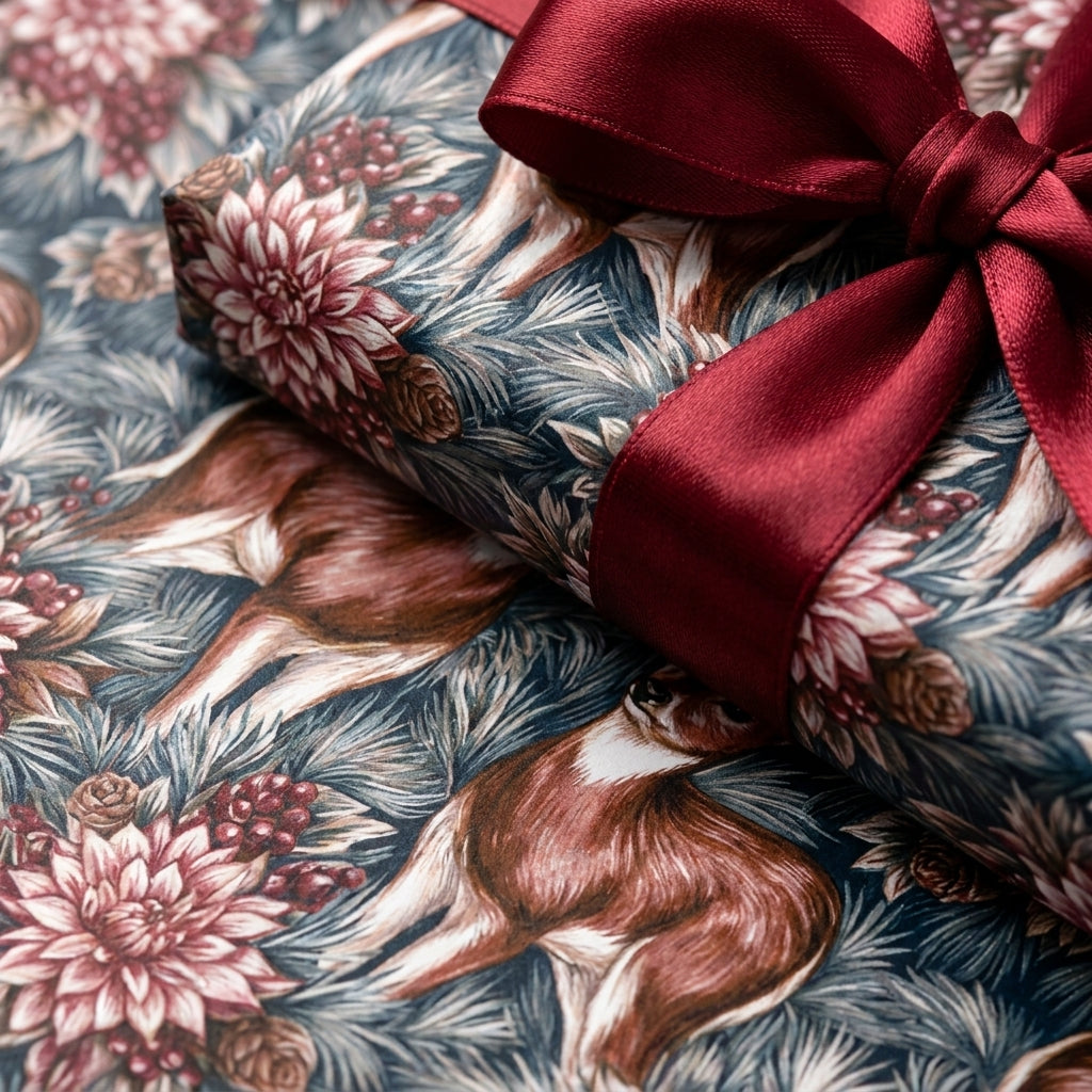 Luxury woodland Christmas wrapping paper with deer, floral pattern, and burgundy ribbon by Wrapped Studios.