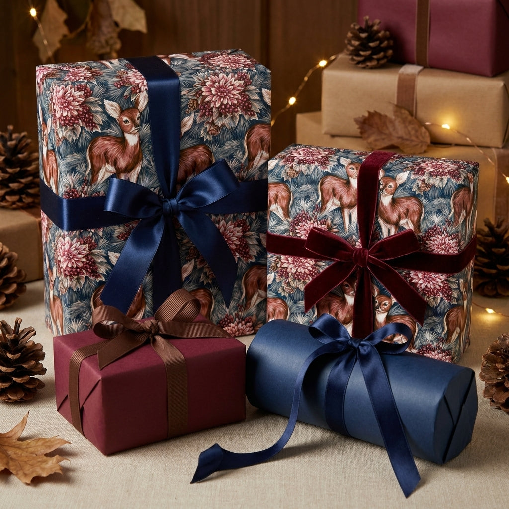 Woodland deer and floral Christmas wrapping paper with luxury satin ribbons by Wrapped Studios.