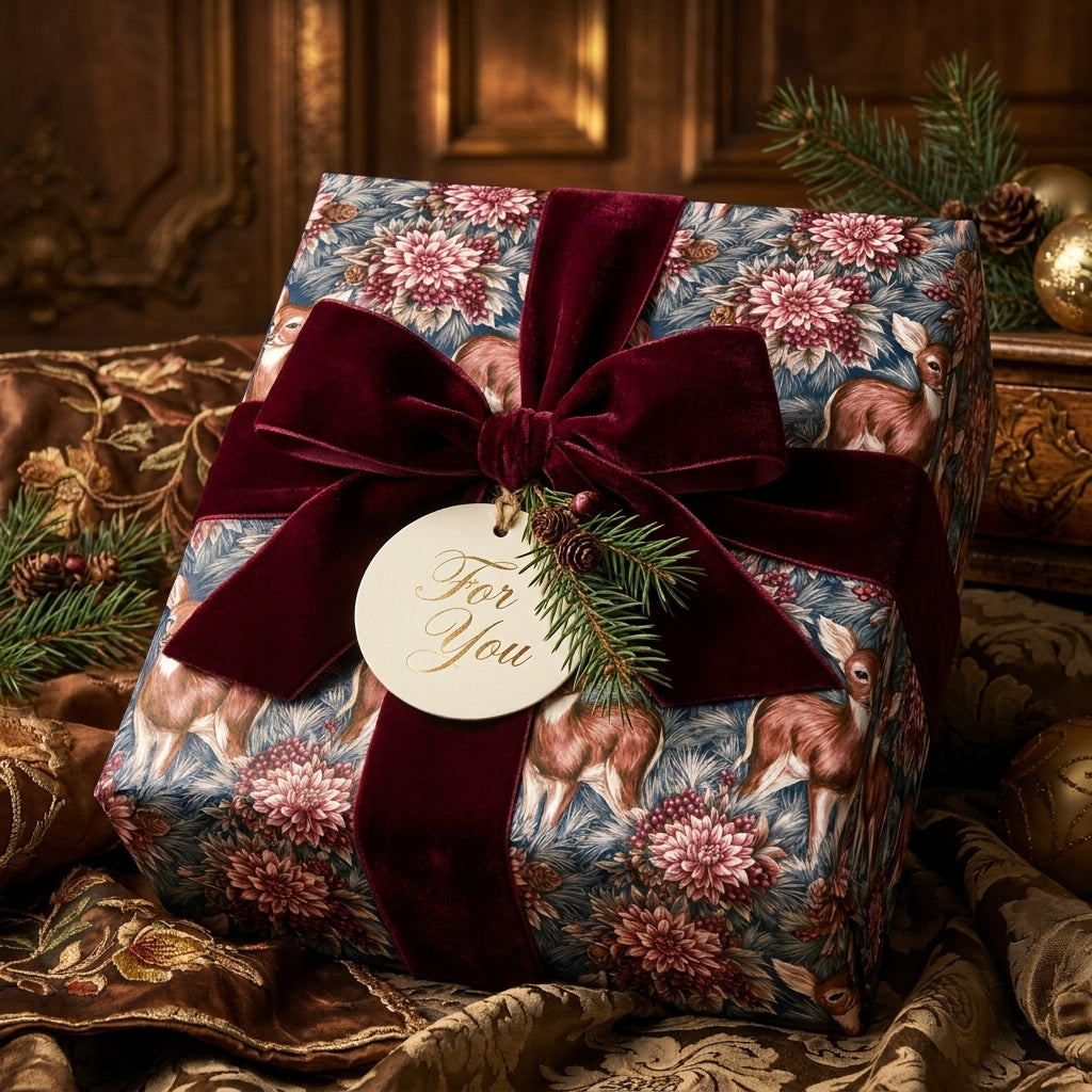 Luxury Christmas wrapping paper with woodland deer, floral print, and a burgundy velvet bow by Wrapped Studios.