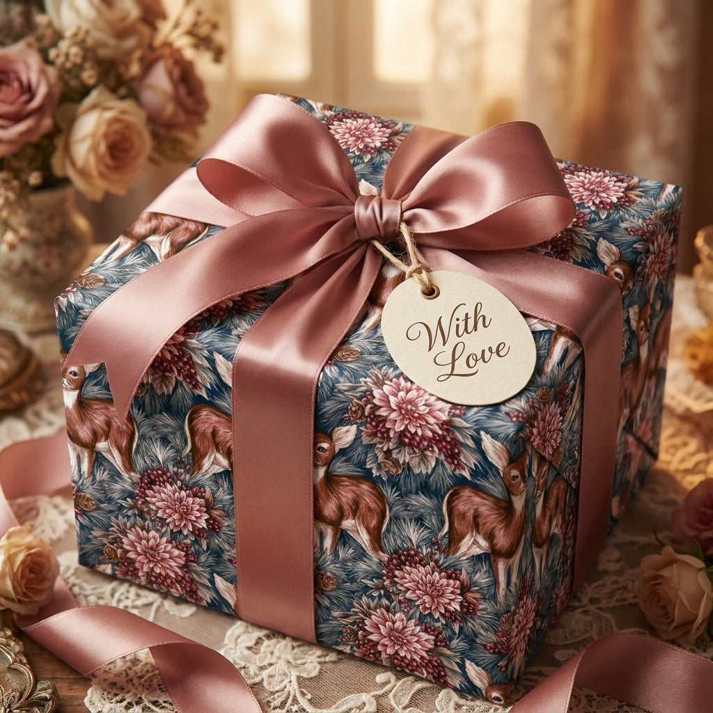 Luxury floral deer wrapping paper with dusty rose satin ribbon and gift tag by Wrapped Studios.