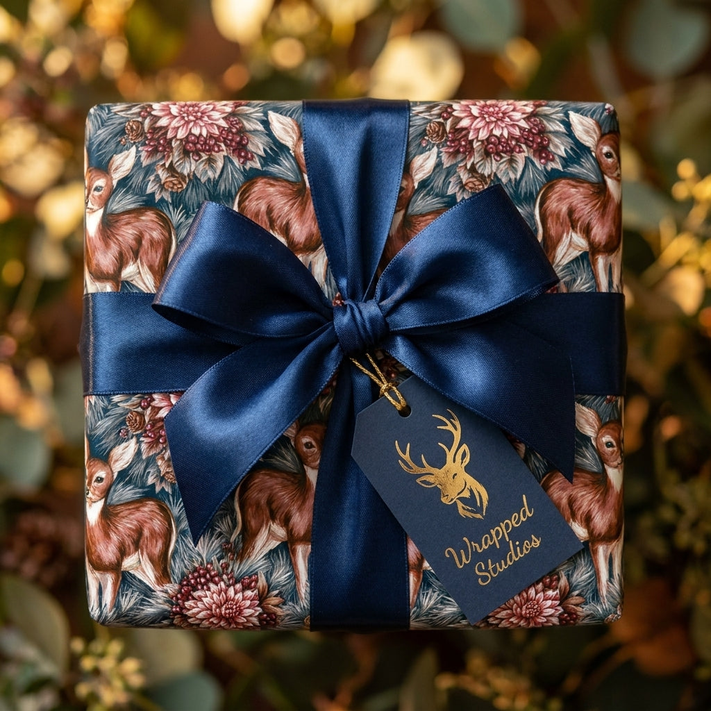 Luxury woodland deer Christmas wrapping paper with navy blue satin bow and gift tag by Wrapped Studios.