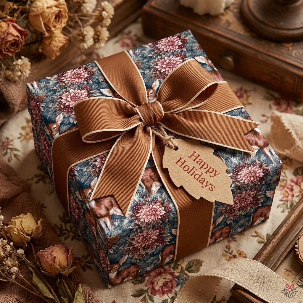 Vintage woodland Christmas wrapping paper with deer and florals, tied with a brown bow by Wrapped Studios.