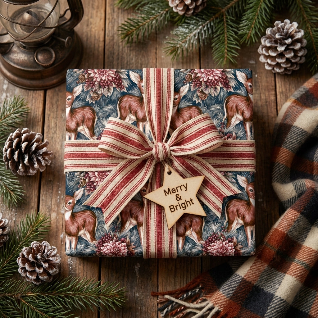 Rustic deer Christmas wrapping paper by Wrapped Studios with red striped ribbon and a star holiday gift tag.
