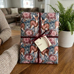 Woodland deer holiday wrapping paper with burgundy velvet ribbon by Wrapped Studios.